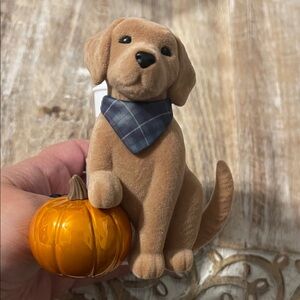 Bath & Body Works Tan Dog with Blue Plaid Bandana and Orange Pumpkin